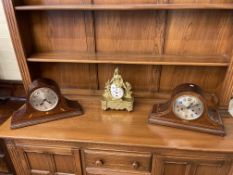 Two vintage inlaid mantel clocks and a gilt figural mantel clock.