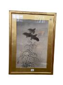 Japanese watercolour depicting birds in flight, 50cm by 33cm, in glazed frame.