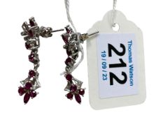 18 carat white gold ruby and diamond set earrings, 3.5cm drop.