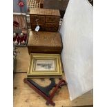 Parquetry inlaid nest of drawers, box, purse, small picture, plate stands and match books.