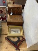 Parquetry inlaid nest of drawers, box, purse, small picture, plate stands and match books.