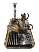 Tray lot with silver mounted ruby caster, silver handle tea knives, EPNS wares and tile.