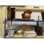 Telescope in box, copper coal scuttle, brass coal box, Subbuteo, vintage wind up toy, pottery,