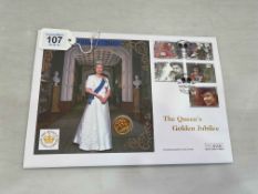 2001 gold full sovereign 'The Queen's Golden Jubilee' commemorative coin cover.
