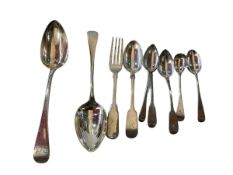 Two George III silver tablespoons, five various teaspoons, fork and salt spoon.