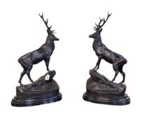 Pair of large bronze stags on rocky outcrops mounted on marble stands, 75cm.