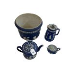 Large blue jasper jardiniere together with teapot and two jugs (4).