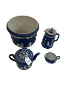 Large blue jasper jardiniere together with teapot and two jugs (4).