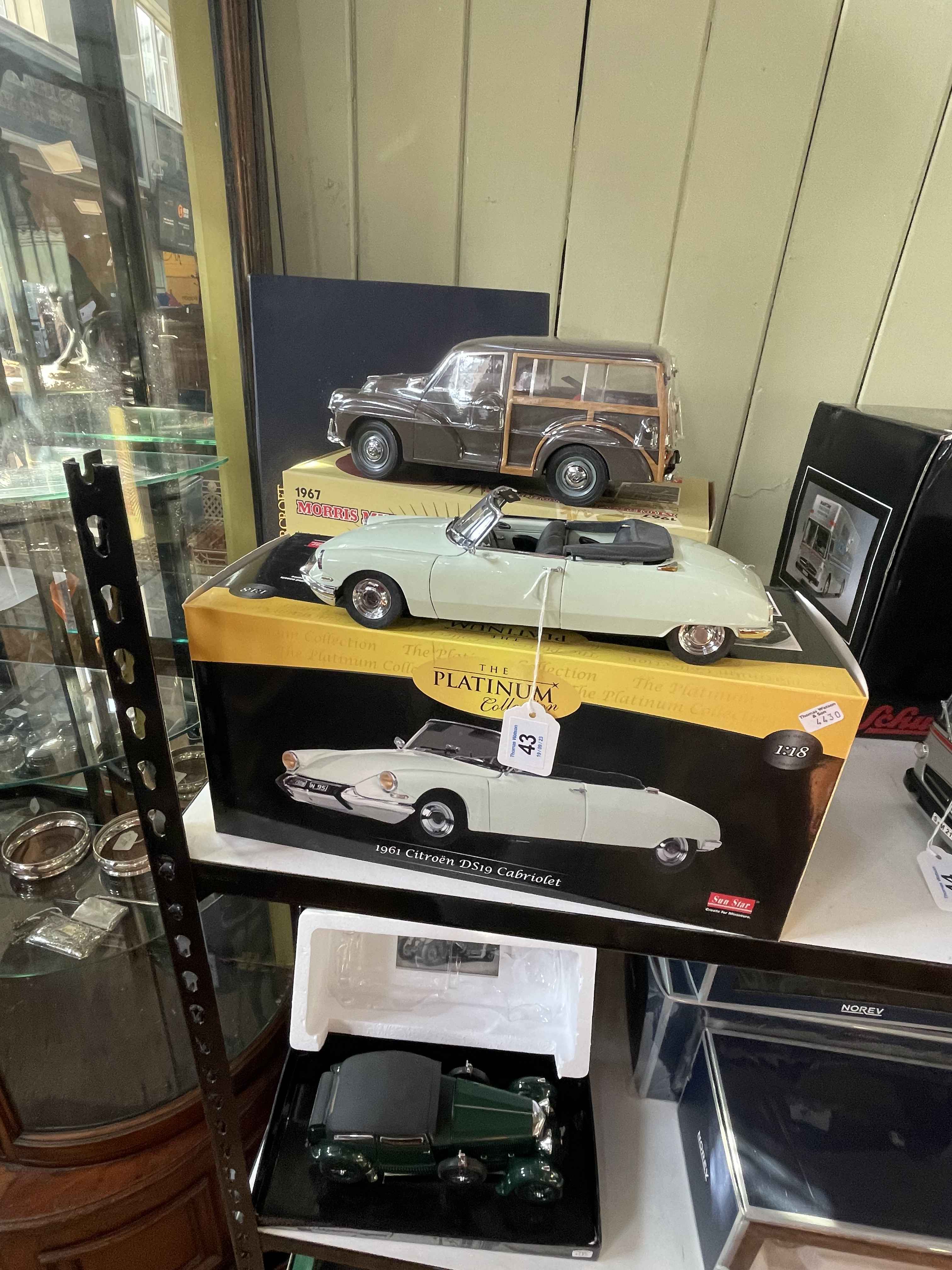 Two Sun Star models, 1:12 1967 Morris Minor and 1:18 1961 Citroen DS19.