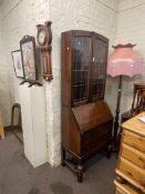 Oak leaded glazed door bureau bookcase and oak barometer (2).