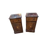 Pair inlaid mahogany single drawer bedside cabinets, 71cm by 37cm by 32cm.