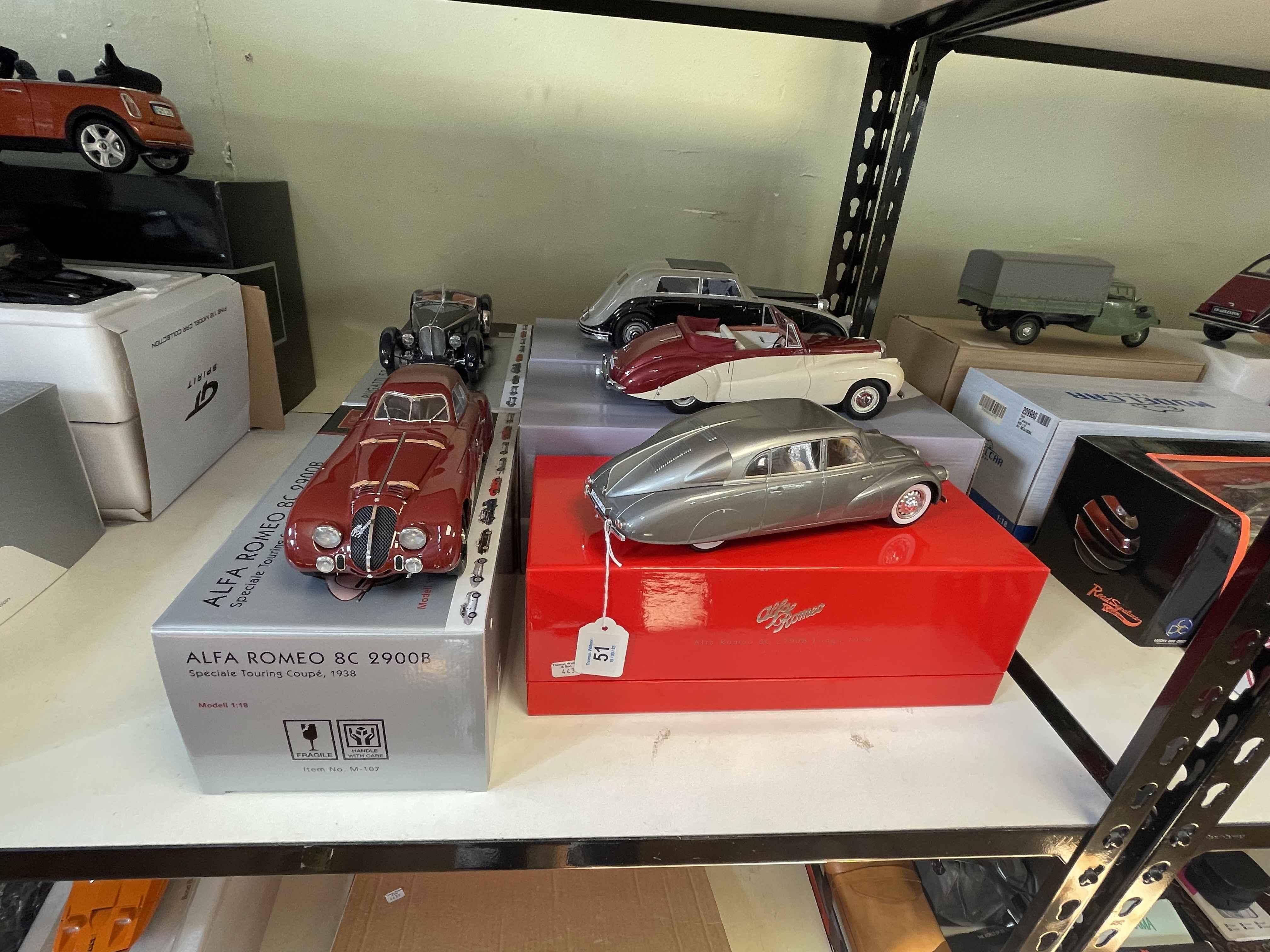 Two CMC 1:18 models, Alfa 8C Special and Bugatti 57 SC, Minichamps Alfa 8C Lungo,