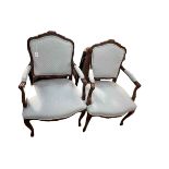 Pair French style fauteuils in light blue fabric.