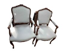 Pair French style fauteuils in light blue fabric.