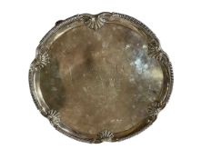 Large George III silver salver with armorial and shell, scroll and gadroon border,