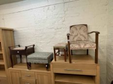 1920's/30's oak occasional armchair, music stool, two footstools, firescreen,