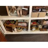 Collection of kitchenalia, metal wares, linens, vintage toys, tins, etc.