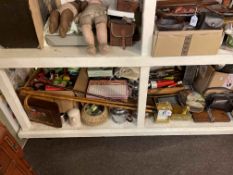 Collection of kitchenalia, metal wares, linens, vintage toys, tins, etc.