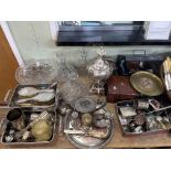 Collection of silver plated wares, two silver mounted brushes, trinket boxes, Masonic interest,