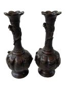 Pair Japanese bronze vases with dragon necks and bird bodies, 31cm.