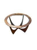 E Gomme, G Plan circular Astro teak coffee table with inset glass top,