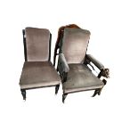 Pair Victorian ladies and gents chairs on turned legs in mink draylon.