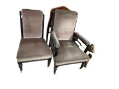 Pair Victorian ladies and gents chairs on turned legs in mink draylon.