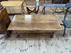 Oak and line inlaid rectangular two drawer low centre table with undershelf, 46.