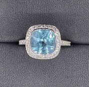 Boodles & Dunthorne aquamarine and diamond 18 carat white gold ring, size N.