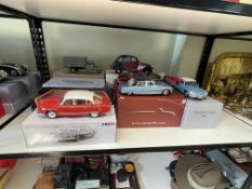 Eight mostly 1:18 models, Tatra 603, Citroen DS Tissier, Citroen DS Chapron XZ, ZVC Charleston,