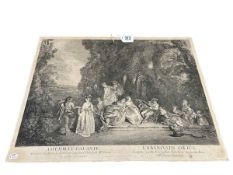 A Watteau, French print of an engraving, unframed.