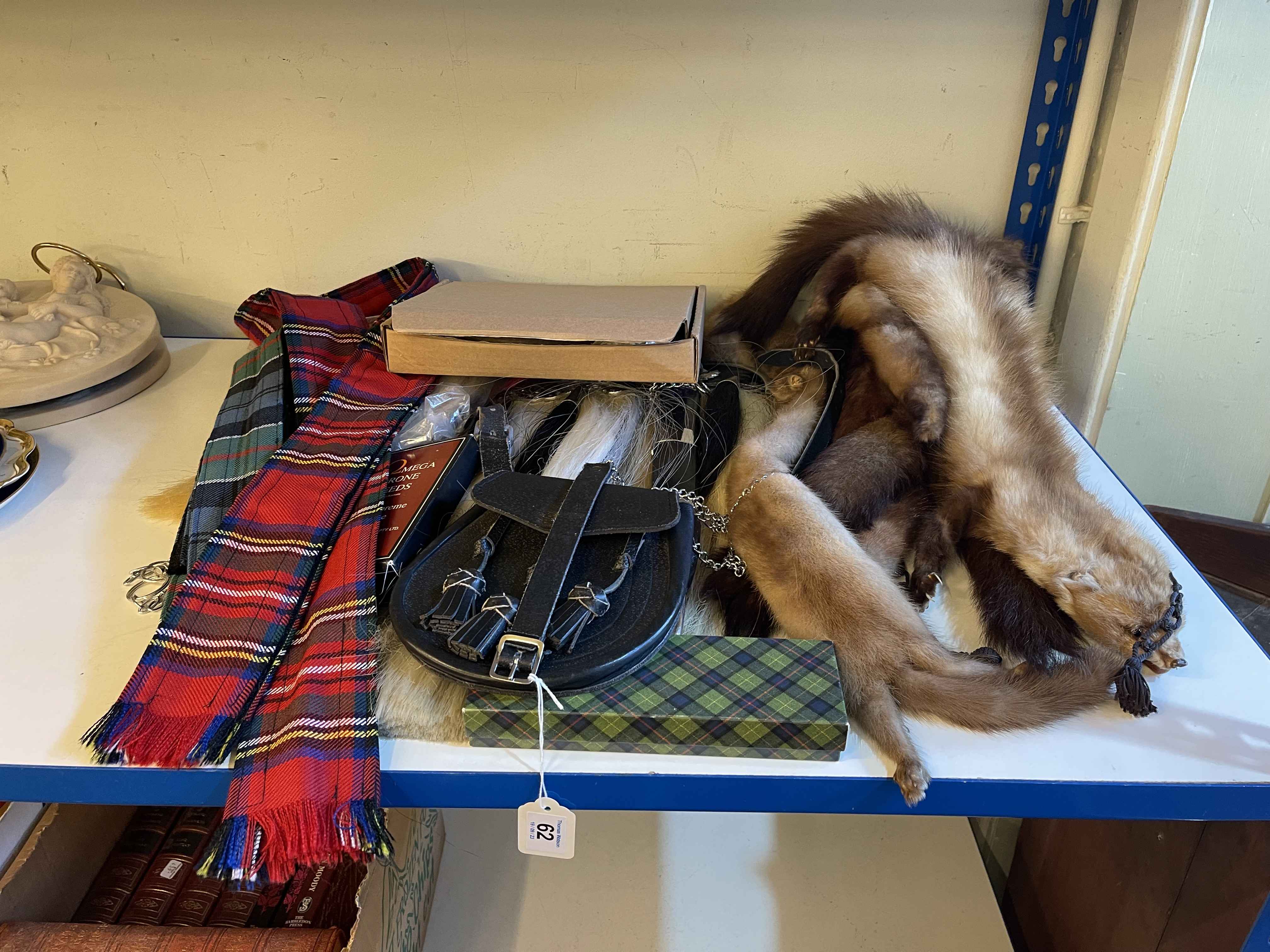 Collection of fur stoles, Scottish kilt accessories, etc.