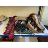 Collection of fur stoles, Scottish kilt accessories, etc.