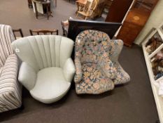 1930's tub chair and early 20th Century arm and nursing chairs in matching fabric (3).