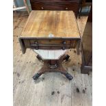 Victorian mahogany drop leaf work table having frieze drawer above a deep sewing drawer on turned
