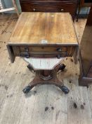 Victorian mahogany drop leaf work table having frieze drawer above a deep sewing drawer on turned