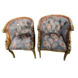 Pair carved swan neck occasional tub chairs in blue patterned buttoned fabric.