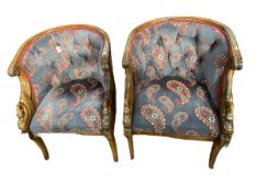 Pair carved swan neck occasional tub chairs in blue patterned buttoned fabric.