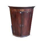 Inlaid mahogany two door bow front corner wall cabinet 108cm.