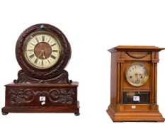 Mahogany cased mantel clock with enamel dial and oak cased mantel clock.