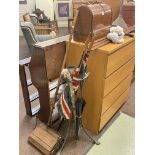 Vintage child's lawn mower, posser, hat box and two enamel bread bins.