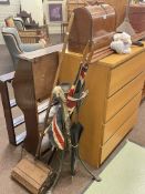 Vintage child's lawn mower, posser, hat box and two enamel bread bins.