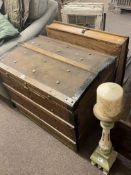 Vintage dome top trunk and contents, pine ledger desk and pricket stick.