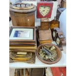Oak copper bound octagonal coal bucket, Edwardian inlaid clock/barometer, horsebrasses, pictures,