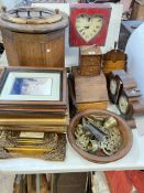 Oak copper bound octagonal coal bucket, Edwardian inlaid clock/barometer, horsebrasses, pictures,