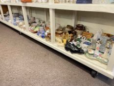 Full shelf of china and glass including blue and white, Spode Italian, ginger jars, Portmeirion,