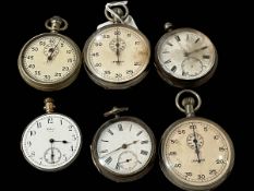 Box with two gents silver pocket watches, two Lemania stop watches and two others (6).