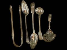 Pair George III Newcastle silver bright cut sugar tongs, a caddy spoon and three spoons (5).