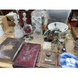 Cantonese pottery table lamp, three bottle tantalus, decanter, three clocks,