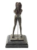 Bronze sculpture of lady with chain, 31cm.